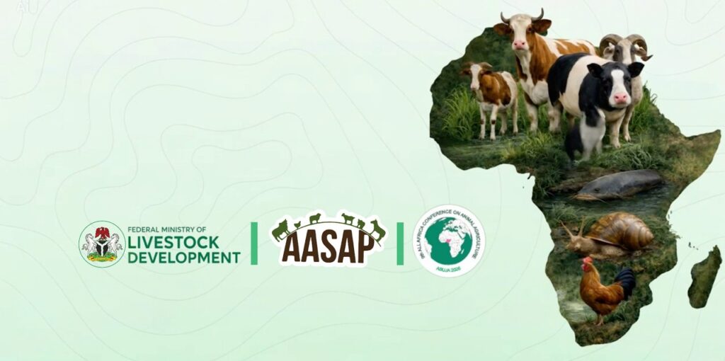 All Africa Conference of Animal Agriculture (AACAA) banner, Supported by the Federal Ministry of Livestock Development (FMLD) and the Africa Society of Animal Science (ASAS)
